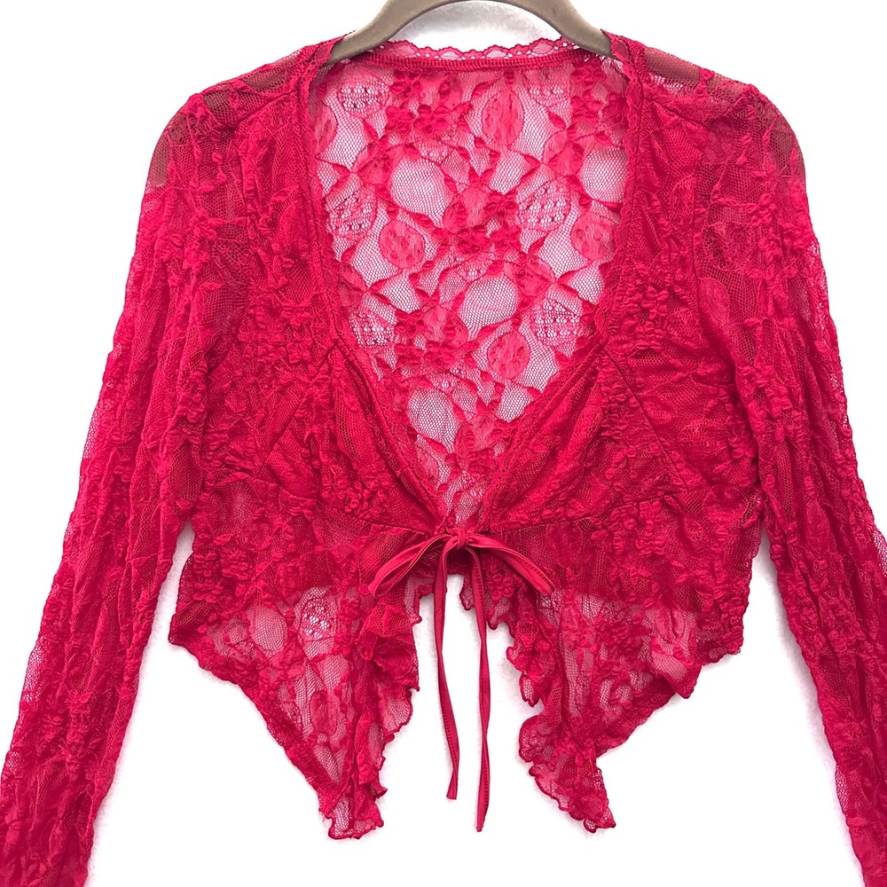 Y2K Floral Lace Shrug Cropped Tie Front Cardigan Bolero Fairy Whimsigoth Red